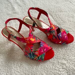 Bandolino Molvena Slingback Heeled Sandals red w/a multi-color tropical floral 9